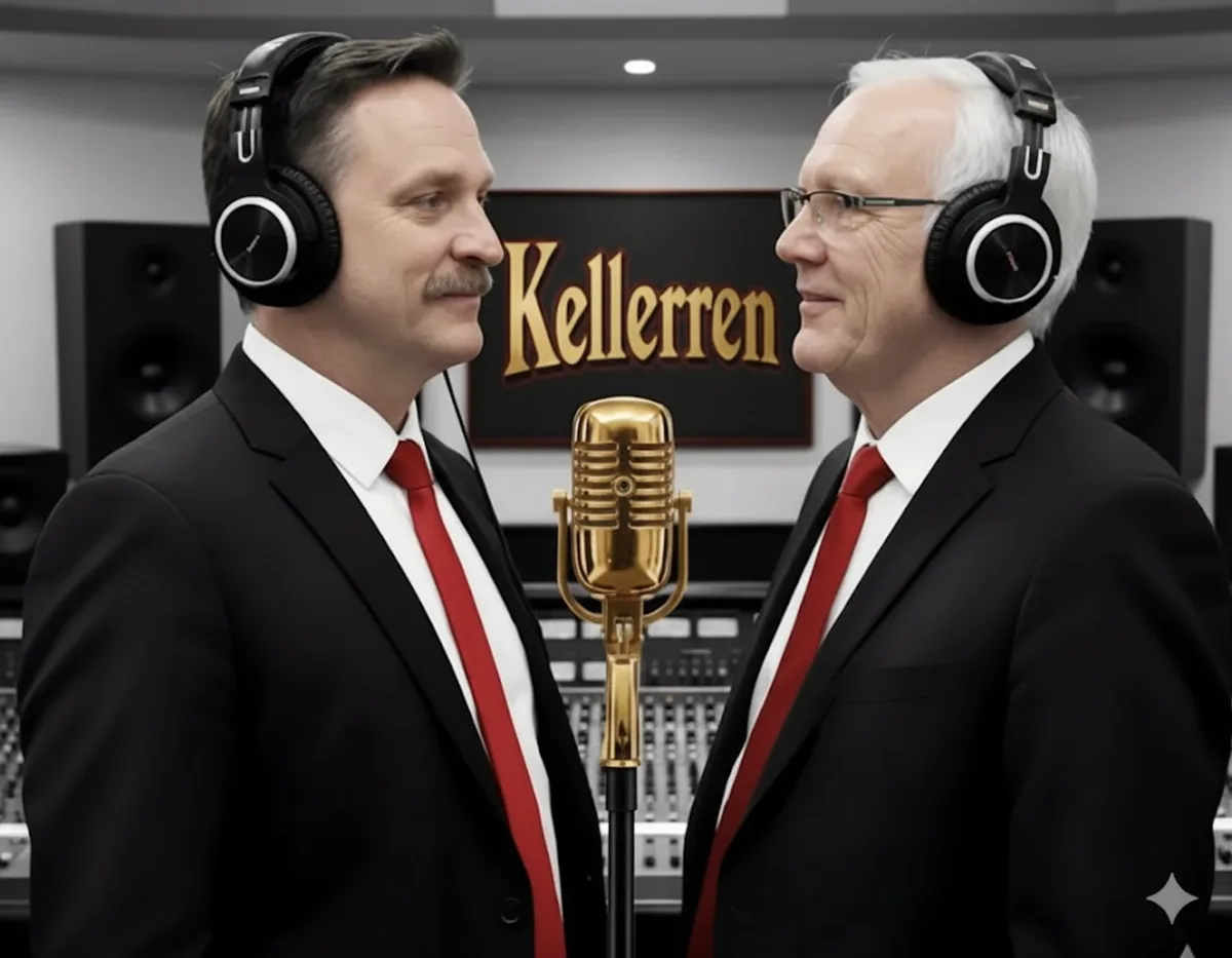 Zwei Männer stehen sich gegenüber, tragen Kopfhörer. Zwischen ihnen steht ein goldenes Mikrofon.
